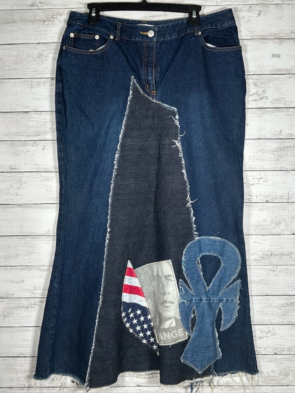 No Kings CHANGE Obama Ankh For Life Maxi Reconstructed Denim Skirt 14